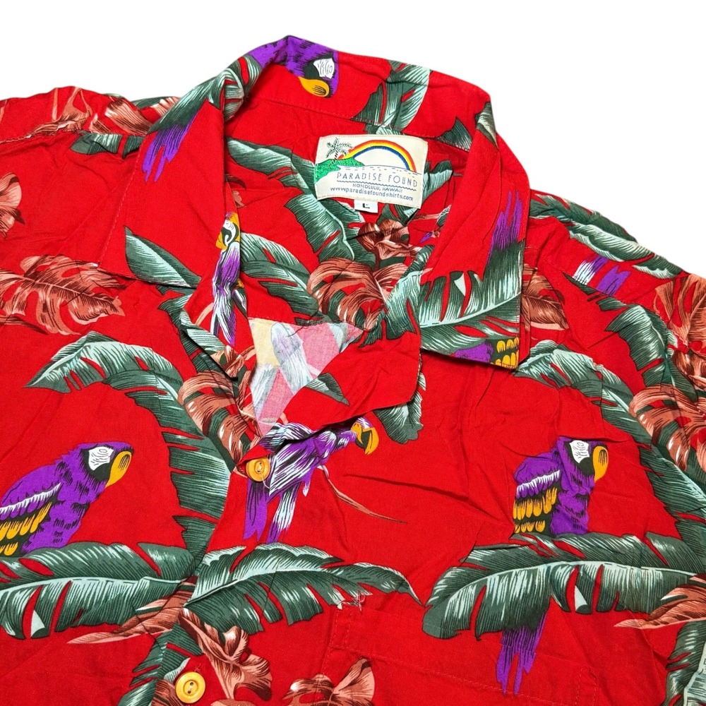 Paradise Found Hawaiian Magnum PI Shirt Mens Large Red Parrot Palm Leaf Rayon